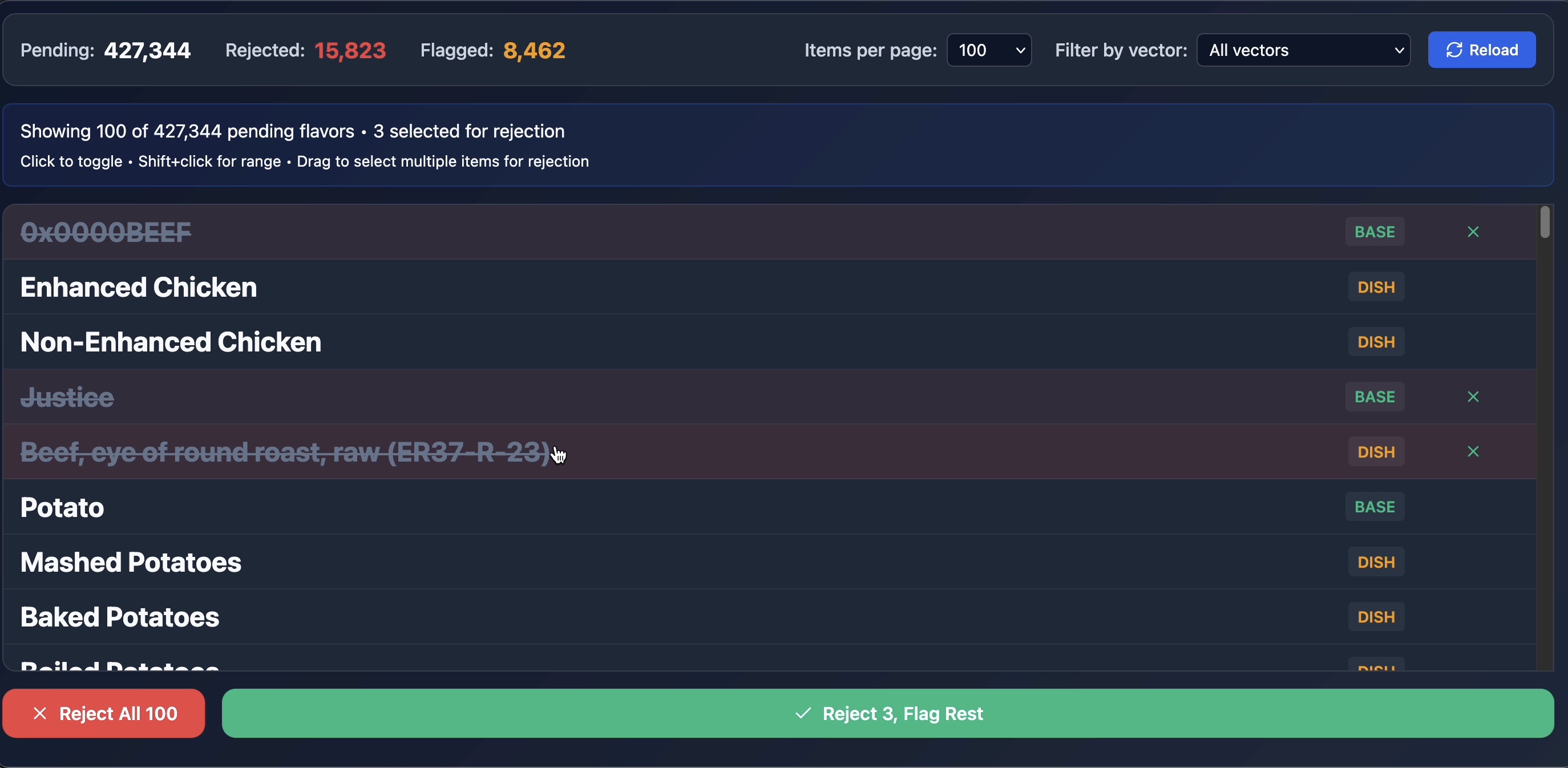 Screenshot of the review interface showing approval and flagging system